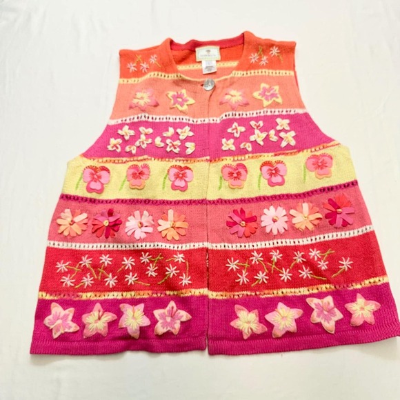 Susan Bristol Jackets & Blazers - Susan Bristol VTG 1999 L Floral Embroidered Linen Blend Knit Vest Pink SB164